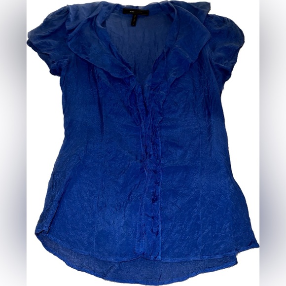 BCBGMaxAzria Tops - BCBGMAXAZRIA Small Royal Blue Button Down Ruffled Sheer Short Sleeve Sexy Blouse